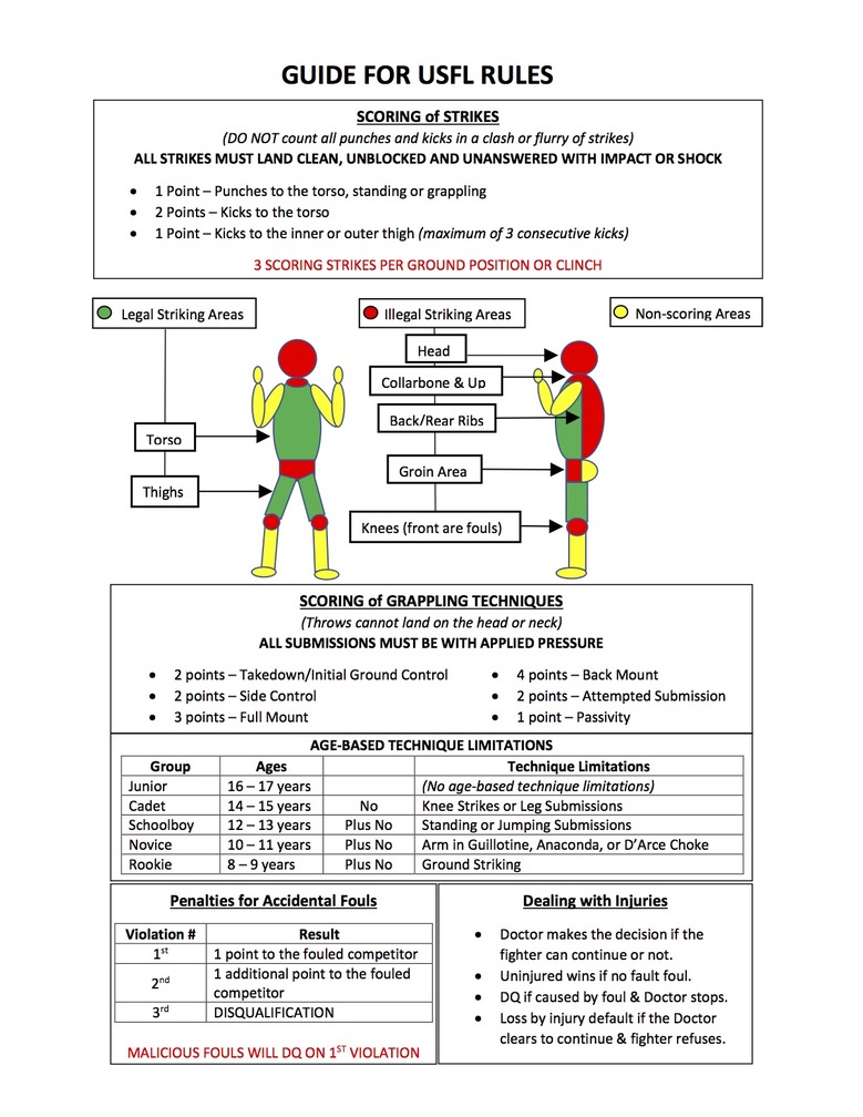 Guide explaining USFL scoring, legal striking areas, grappling points, age limitations, fouls, and injuries